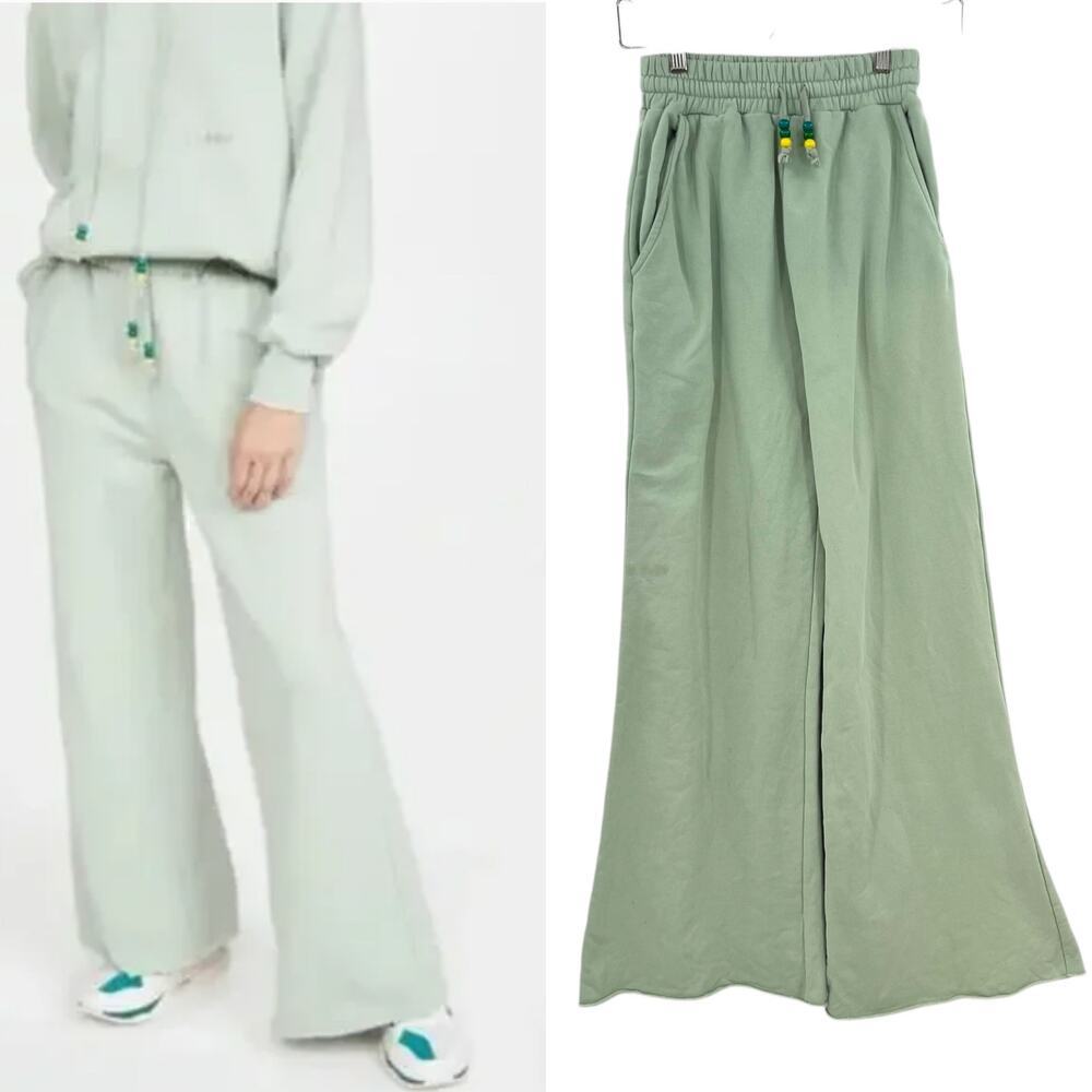 Staud Wide Leg Sweatpants Sage Green Beaded Drawstring Waist Size XS **Flawed